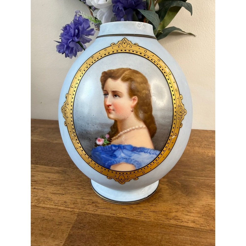 Antique Victorian Portrait Vase Lady Blue Porcelain Gold Gilt Cabinet Vase